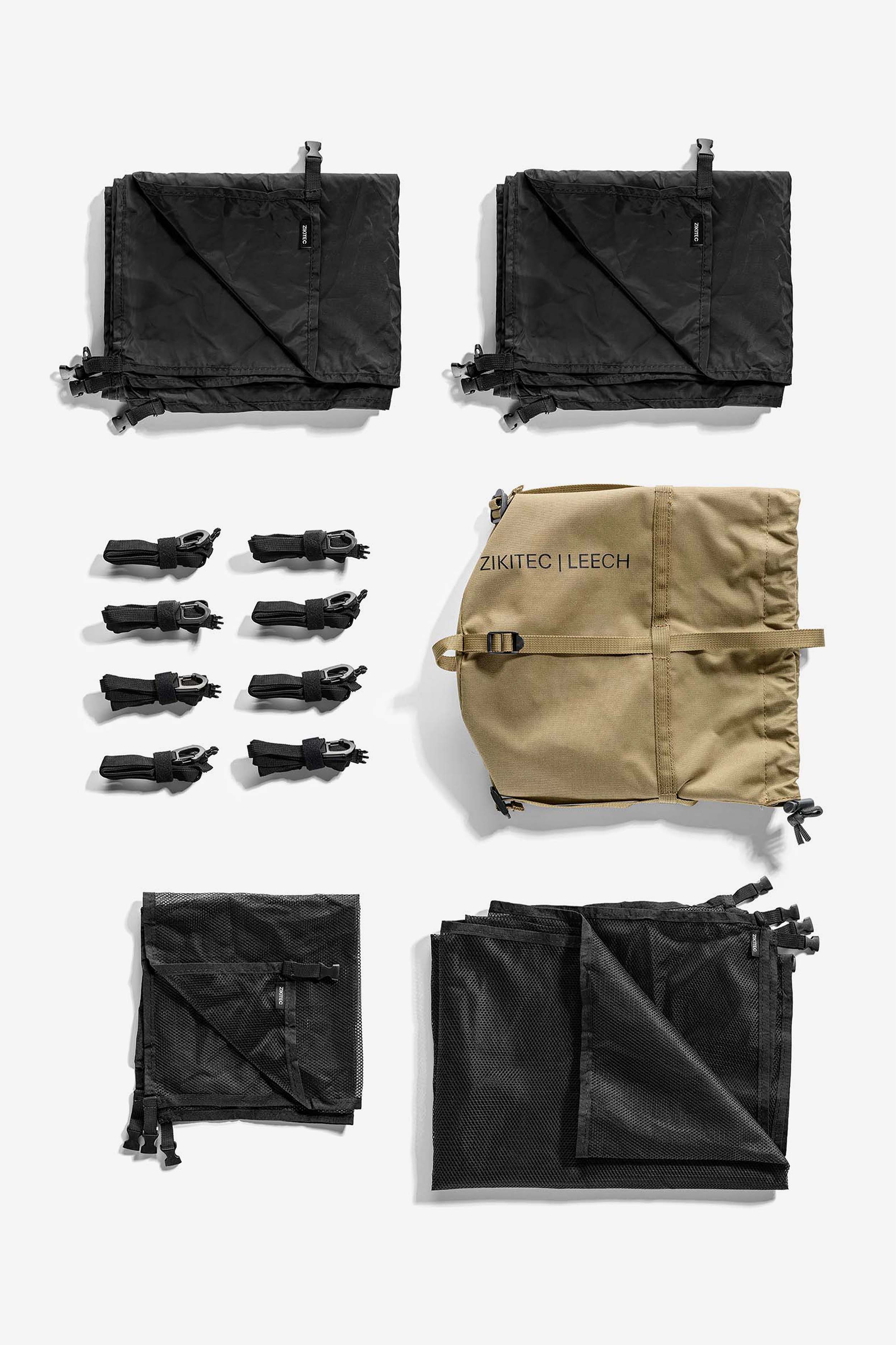 Leech Urban Camouflage Kit components including camouflage nets, buckles, blackout sheets and carry bag